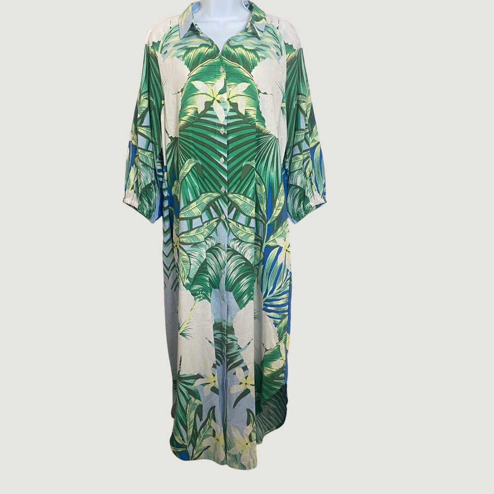 For Cynthia Linen Blend Tropical Palm Print Maxi Dress Large Boho Chic Vacation